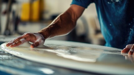 Surfer Applying Wax to Surfboard with Hand Focus in Bright Workshop Environment Featuring Warm Tones and Soft Natural Lighting