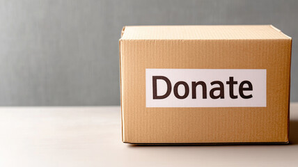 Cardboard box labeled "donate" on table, promoting donations and charity