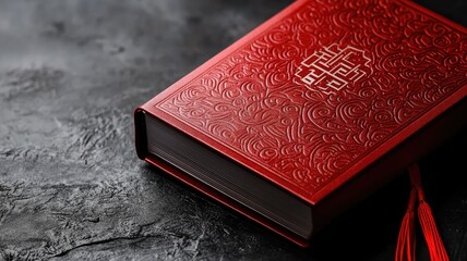 Fototapeta premium Decorative red book with intricate designs on dark surface