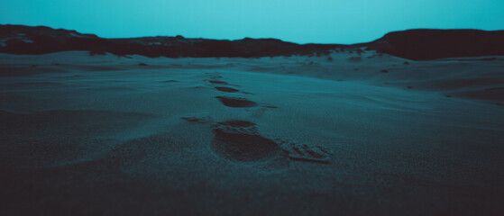 Obraz premium Footprints leading into the vast desert sand dunes at twilight