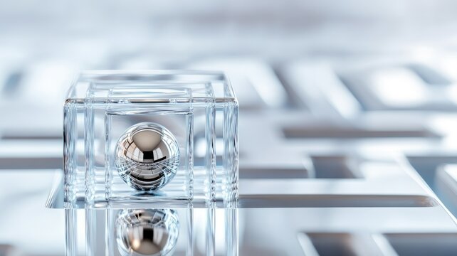 Reflective metallic sphere in clear glass cube on maze background