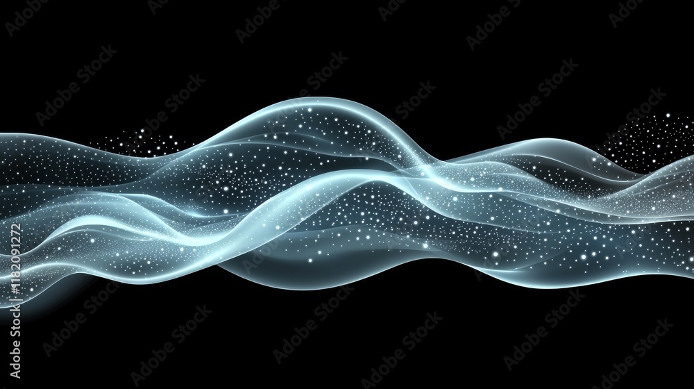 Poster blue digital particles undulate in motion, creating a wave effect on an abstract digital cyberspace 