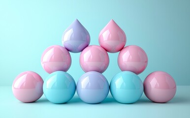 Pink spheres ascending on a bar graph of blue spheres against a blue backdrop, embodying an abstract modern minimal theme of success, growth, progress, or achievement