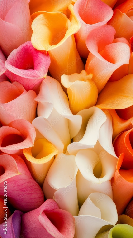 Poster close up view of vibrant calla lilies creating a colorful, textured backdrop, ideal for celebrating 
