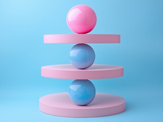 Pink sphere stacked on blue spheres against a blue backdrop, symbolizing abstract modern minimal success, growth, progress, or achievement