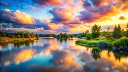 Naklejka premium Serene Watercolor Landscape: Pastel Sky Reflection in Calm Water - Tilt-Shift Photography