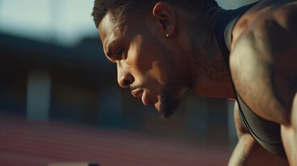 Mixed race male athlete in athletic gear preparing to sprint from starting blocks in a sports stadium, captured in intense side profile, vibrant colors, focused expression.