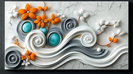 Ornate and elegant marble slab with a swirling organic pattern of gray white and turquoise agate accented by delicate gold veining