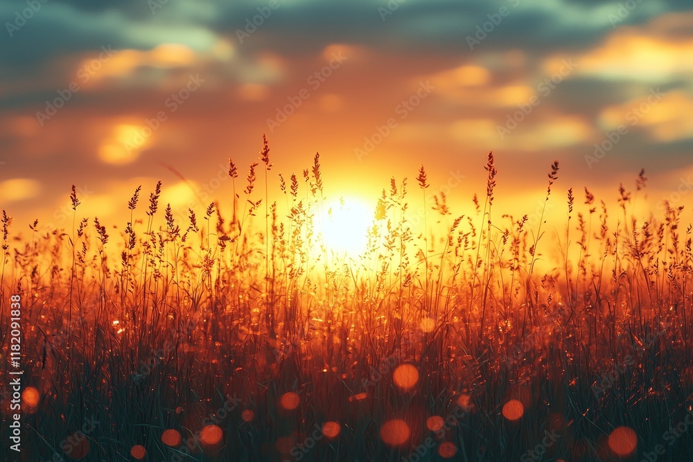 Poster wild grass in the forest at sunset, captured as a macro image with shallow depth of field. the scene