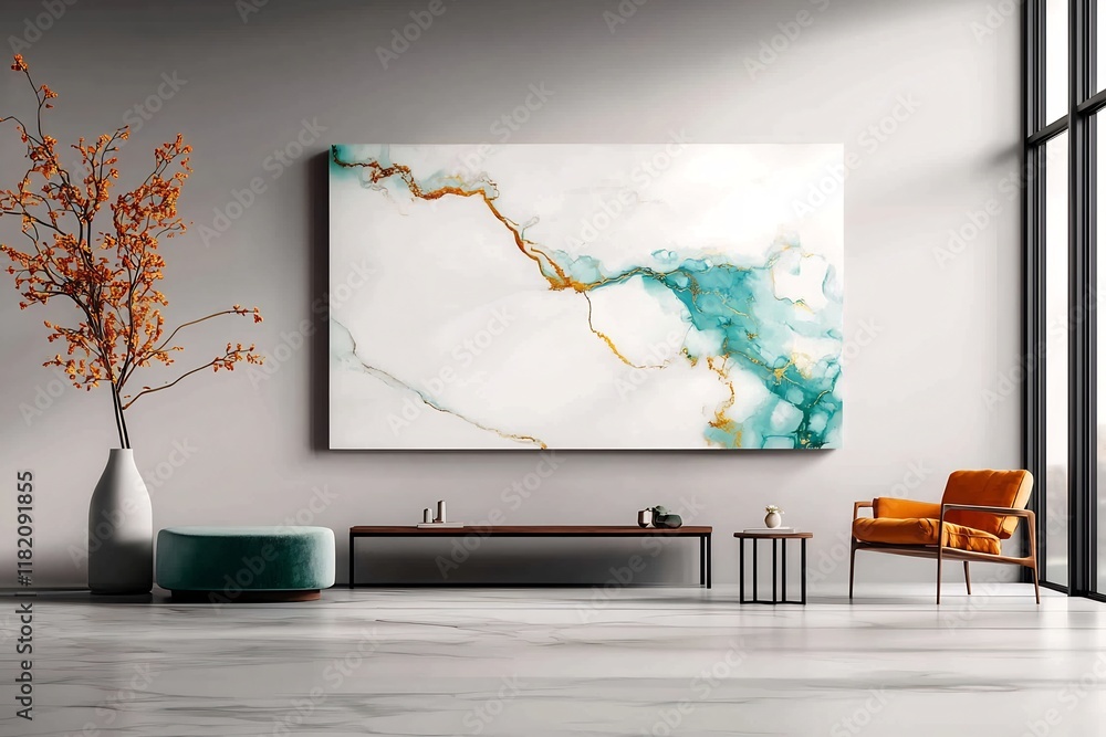 Poster mesmerizing marble slab with a luminous white surface featuring swirling turquoise and shimmering go
