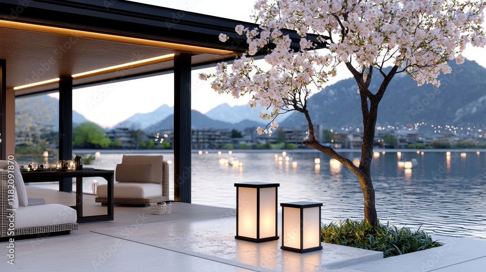 Poster serene riverside view with floating lanterns by the cherry blossom tree