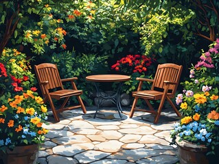 Serene Garden with Chairs and Blooming Flowers - Generative AI