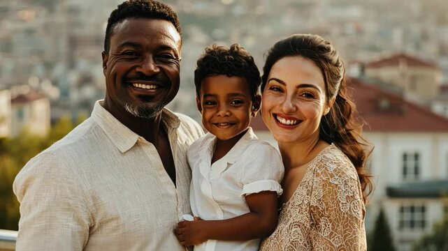 Smiling blended family of men, women and children.