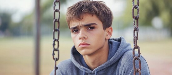 Melancholic teenage boy in a gray hoodie seated on a swing at an outdoor school playground, soft sunlight filtering through trees, evoking nostalgia.