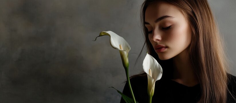 Melancholic woman with calla lilies against a muted grey background evoking mourning and reflection, ideal for funeral and memorial themes.