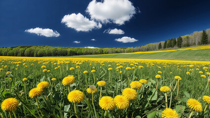 Fototapeta premium Blooming dandelion field under a cloudy blue sky in spring
