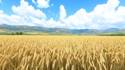 Fototapeta premium Golden Wheat Field Under Sunny Sky and Mountains