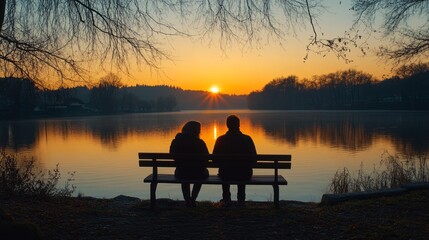 Two individuals share a peaceful moment on a bench, gazing at the golden hues of sunset reflecting on the calm waters of a picturesque lake. The scene exudes tranquility