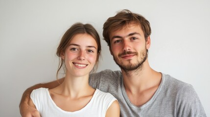 Fototapeta premium Happy young couple smiling together in bright interior space, warm tones, natural light, showing love and excitement for new home journey.