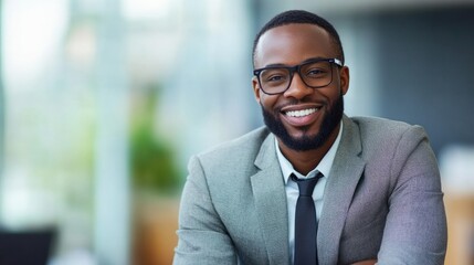 Fototapeta premium Young African American businessman in gray suit smiling confidently in modern office with natural light and blurred background, showcasing professional atmosphere.