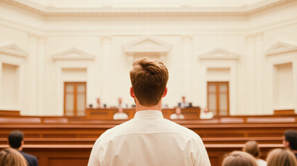 Rear view of young man in courtroom a formal justice theme in legal setting