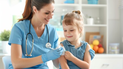 A healthcare professional gently administers a vaccine to a smiling young girl in a bright, cheerful medical setting.