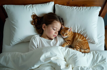 Close-up of a cute girl sleeping on a white bed, with a beautiful red cat sleeping next to her.