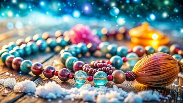 Serene Winter Meditation: Crystals, Mala Beads & Snow on Wood & Stone - Copy Space