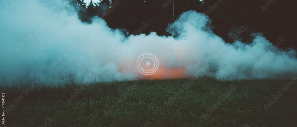Poster mysterious smoke envelops forest creating an ethereal atmosphere at twilight