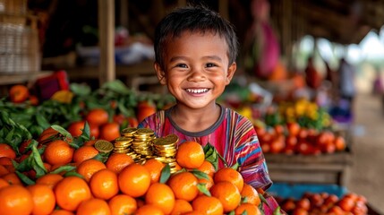 Young Boy Smiling Happily with His Hands Full of Fresh Mandarins in Market Setting