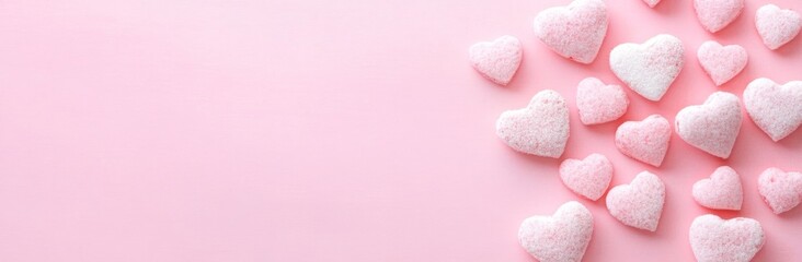 Obraz premium Beautiful flat lay of shiny silver and candy pink heart sprinkles on a cake, with room for copy, suitable for a feminine blogger or Valentine's Day-themed blog post. Long banner mockup