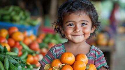 Young Boy Smiling While Holding a Full Bounty of Fresh Mandarins in Market Environment