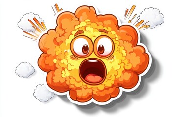 Fototapeta premium Vector-style emoji with an explosion in the background and cartoon clouds, sticker-style, on a white solid color background, no shadow, high resolution. 