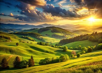 Serene Yes Landscape: Rolling Hills, Golden Sunlight, Peaceful Meadow