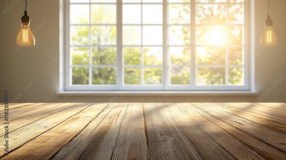 Poster Empty wooden table basking in sunlight streaming through a window, offering a serene garden view in a cozy kitchen. Two hanging lamps providing warm illumination, ideal for product placement