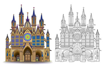 Fototapeta premium Fantasy illustration of an old charming French church with stained glass windows. Colorful and black and white page for coloring book. Printable hand drawn vector. Worksheet for drawing and coloring.