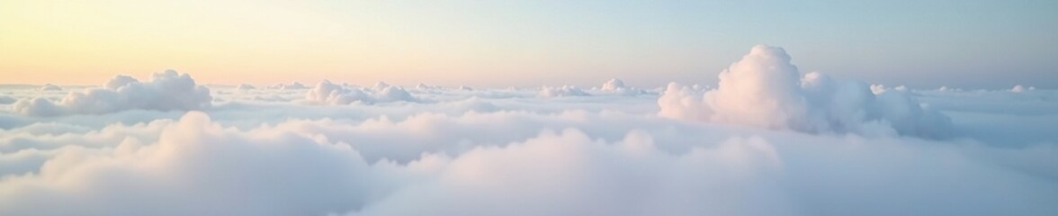 Fototapeta premium Gentle morning fog burns off revealing puffy white clouds, peaceful, serene