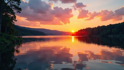 Obraz premium Gentle ripples on mirrored lake surface at sunset with surrounding greenery, reflection, landscape