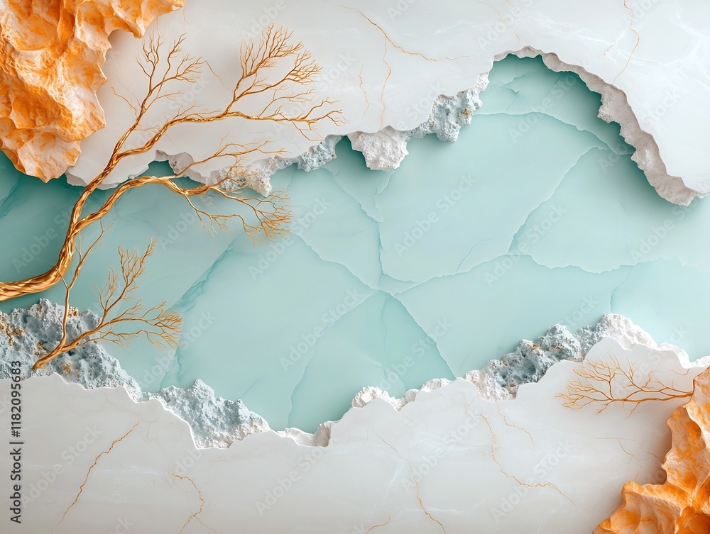 Poster captivating marble like surface with ethereal flowing forms in pale tones of white azure and silver 