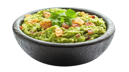 Fresh and Creamy Guacamole Served in a Rustic Black Bowl with Crispy Tortilla Chips and Garnished...
