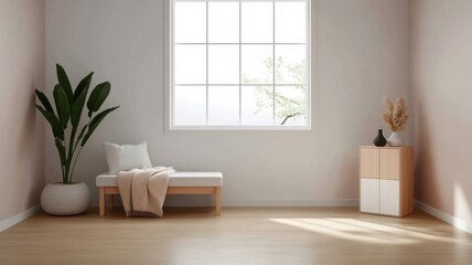 Fototapeta premium Minimalist room with a bench, plant, and light from a large window.