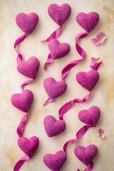 Fototapeta premium Ribbon hearts on a soft pastel background, enhanced with light pink sparkles in a flat lay arrangement, making them a charming choice for romantic mobile wallpapers, stories background templates,