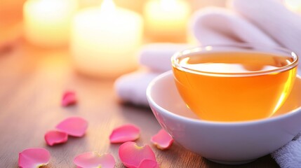A serene setting with a cup of tea, rose petals, and candles for relaxation and wellness.