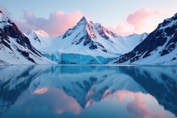 Glacier reflection on snow-covered mountain slope, nature, serene