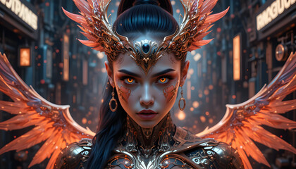 Powerful woman with fiery wings and ornate headdress in futuristic city.