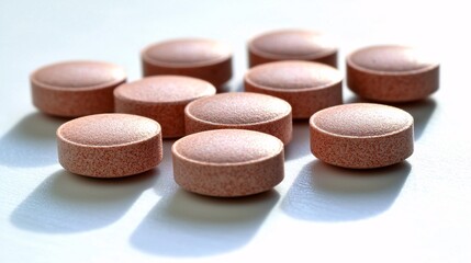 Obraz premium close-up shot of ibuprofen tablets arranged neatly in a circular pattern on a white surface, with a soft shadow underneath each tablet to emphasize their form. Ibuprofen 