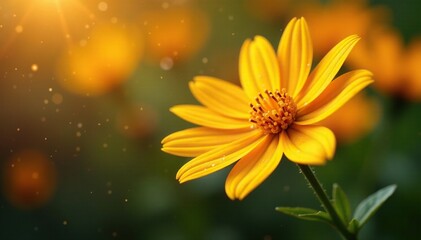 Obraz premium Glittering orange drops falling from a bright yellow flower, flowers, sparkles