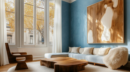 Minimalist interior design of modern living room. Sky blue sofa, cushions, and minimalist wood furniture near a large window. Wall with abstract art. 