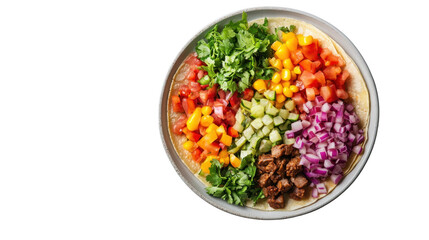 Vibrant and Colorful Salad Bowl Featuring Fresh Ingredients Like Lettuce, Tomato, Corn, Cucumber, Red Onion, and Grilled Meat Served in a Tortilla Shell on a White Background