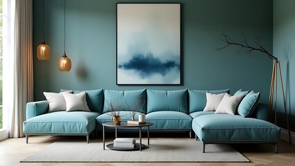 Modern Living Room with Elegant Blue Sofa and Minimalist Wall Art